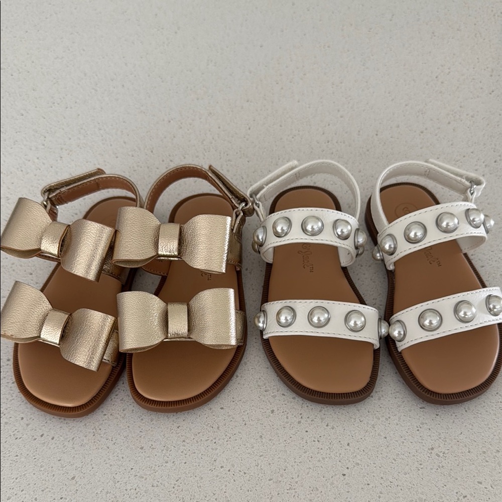 Kids Gold and White Sandals with Bows and Pearls
